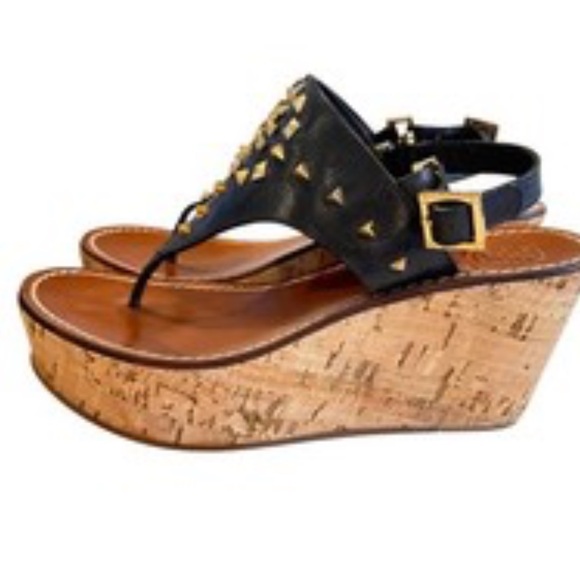 Tory Burch Studded Dale Black Cork Wedge Sandals Size  8.5 - Picture 2 of 6